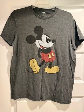 Old Navy Charcoal Gray Mickey Mouse Graphic Tee with Red and Yellow Accents